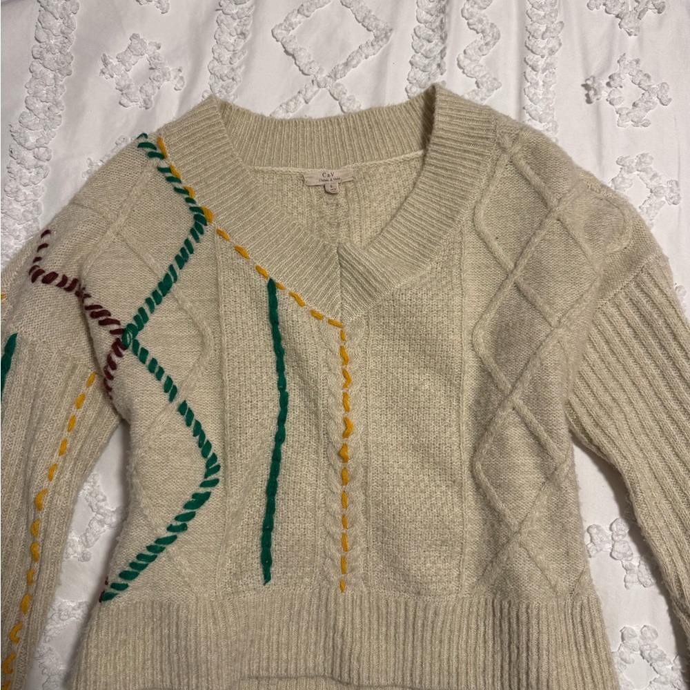 Chelsea & Violet V-Neck Sweater - Cream with Multicolor Stitching
